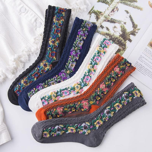 (5 Paare)Retro High Socks™ | Einzigartige bestickte Blumen-Socken