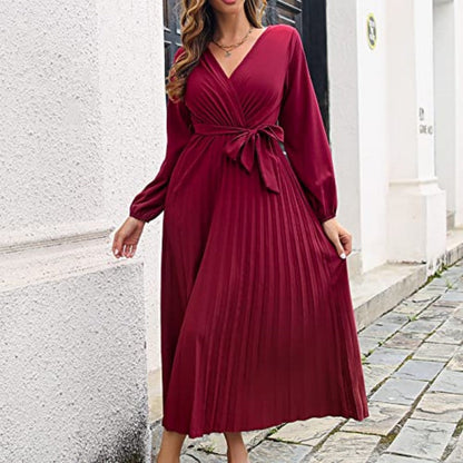 🎀Heißer Weihnachtsverkauf🎀Langes plissiertes Wickelkleid mit Bindegürtel für Damen