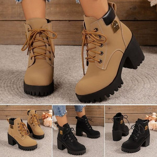 🔥Begrenzte Stückzahl verfügbar 50 % Rabatt👢✨2025 Neuheit für diesen Herbst: Stiefeletten mit dicken Absätzen und Keilabsätzen – Retro-Modell mit Schnürsenkeln für Damen