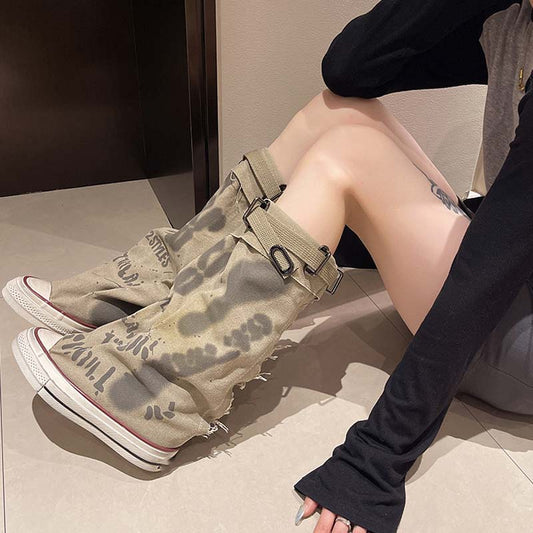 💗Begrenzte Stückzahl verfügbar 50 % Rabatt💗Flache Retro-Stiefel aus Canvas mit mittlerem Schaft für Damen