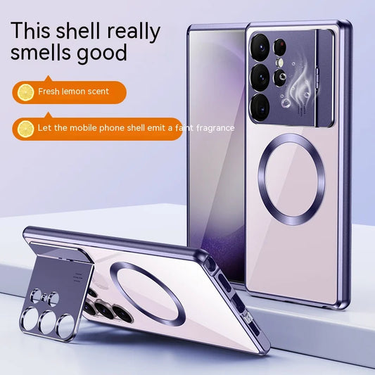 Luxus Aromatherapie 2-in-1 Metallrahmen mit Schloss Klappbare Linse Kickstand Magnetische Aufladung Transparente Handyhülle für Samsung